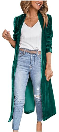 Women Velvet Blazer Jacket Dressy Open Front Velour Long Cardigan Casual Duster Long Sleeve Kimono Coat Sweater UK Ladies Elegant Blazer Army Green