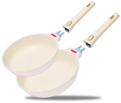 JEETEE Set di Padelle con Manici Amovibili 4 Pezzi,Set Padelle Antiaderenti, Padella 20/28cm e 2 Manici Amovibili, Impilabile, Salvaspazio per Induzione,Gas e Forno.