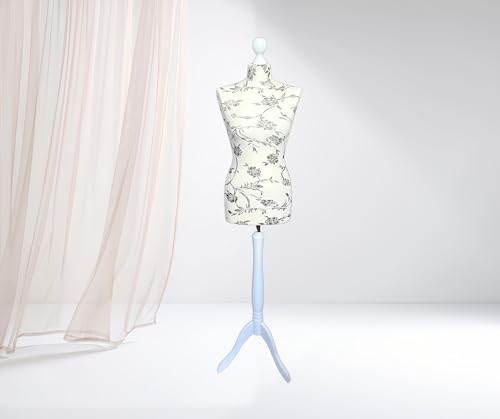 LUSORIA Schneiderpuppe, Schneiderbüste weiblich Ecru - Schwarze Blumen/weißes Dreibein (XS 34/36)