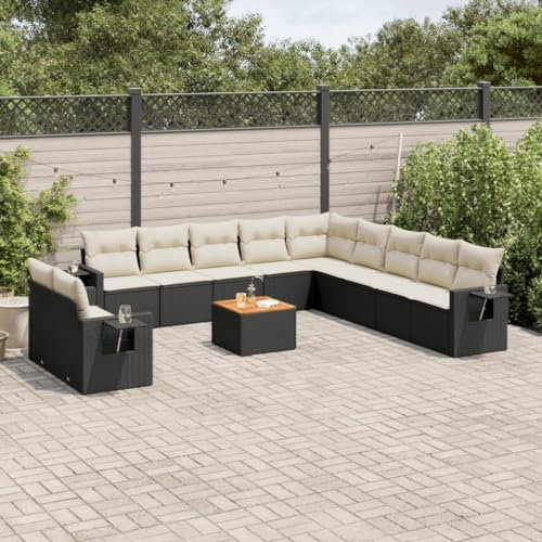 Rantry 12-TLG. Garten Sofagarnitur mit Kissen Gartensofa mit Stauraum Gartenlounge Balkonmöbel Gartenmöbel Loungesofa Sitzgruppe Rattansofa mit Gartentisch Ecksofa Gartenset Schwarz Poly Rattan