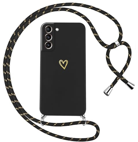 Oelrstfe Handyband für Samsung Galaxy S21 5G Hülle mit Band Herz Motiv Handyhülle für zum Umhängen Silikon Stoßfest Ultra Dünn Weich Schutzhülle mit Kordel Necklace Kette Love Muster Case,Schwarz
