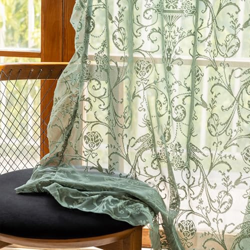 TUDECO Olivgrüne Spitzenvorhänge, 160 cm Länge, Vintage, durchscheinend, Rüschenvorhänge für Schlafzimmer, französisch, Frühling, leicht, Privatsphäre, Fensterbehandlung, Stangentasche, 2 Stoffbahnen