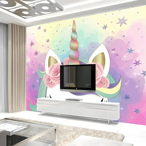 Générique Murale Photo Papier Peint 400 x 280 cm Intissé Tableaux Poster Mural Tapisserie Corne Licorne À Paillettes Dorées Papier Peint Panoramique Rose Salon Maison Décorative Tenture Appartement
