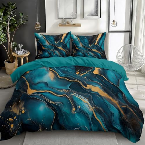 CozyRest Bettwäsche Set Blauer und Goldener Marmor Bettbezug 135 x 200 cm Türkis Reversibel 3-Teiliges Set, Weich Und Bequem, Pflegeleicht, Mit Verdecktem Reißverschluss Und Kissenbezug