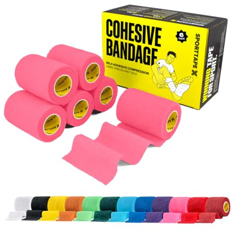 SPORTTAPE 6 Rolls Self-Adhesive Cohesive Bandage, 7.5cm x 4.5m, Pink | Compression & Vet Wrap for Dogs, Horses, Sports Stretch Tape for Football, Ankles, Joints, Fingers, Wrists & Sock Tape