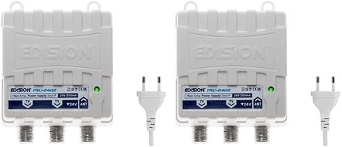 EDISION PSU-2402 Fuente de Alimentación para Amplificador de mástil Antenna TV, con Conector F, DC 24V 200mA, Frecuencias 5-862Mhz, 1 Entrada, 2 Salidas (Paquete de 2)