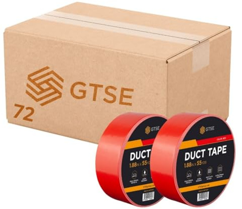 GTSE 72 Rolls, Red Duct Tape, 48mm x 50m, 2” Waterproof Strong Adhesive Gaffer Tape for Patching, Sealing, Securing Cables and Labelling, Heavy Duty