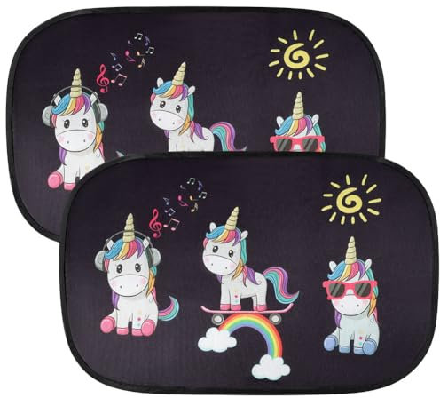 URAQT Auto Sonnenschutz, Kompatibel mit Personenkraftwagen, Autofenster Sonnenschutz mit UV Schutz (2er Set) für Kinder, Einhörner-50 x 30 cm