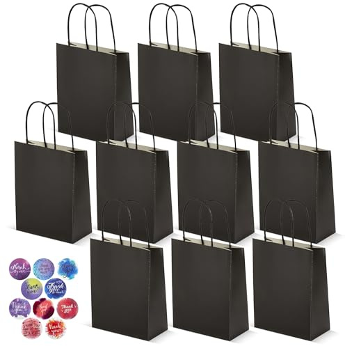 HURUC Black Paper Party Bags with Handles 10 Pack 120 GSM | Black paper bags for birthdays, baby showers, weddings, easter, party favours and gift bags.