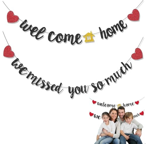 Decoraciones Bienvenida hogar Pancarta Bienvenida hogar banderines Colgantes Pack 2 Unidades Negro Rojo con Corazones para Fiesta Regreso casa reunión Familiar Eventos Sorpresa