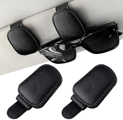 AYNKH 2-Piece Car Sun Visor Sunglasses Holder, Magnetic Leather Glasses & Ticket Clip, Car Interior Sun Visor Accessory, Suitable for All Vehicle Models & Different Sizes of Glasses (Black)
