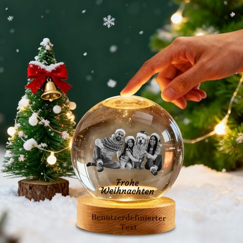Personalisierte Schneekugel mit Foto, 3D Laser Kristallkugel 7 Farben LED, Weihnachten Geschenke Familie Kids, Weihnachtskugeln mit Namen, Glaskugel Deko (Weihnachtsfoto-kristallkugel)