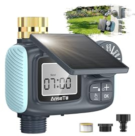 AnseTo 2026 Solar Water Timer Irrigation, Irrigation Controller, LCD, Auto | Rain Delay Function, Manual Irrigation Mode, Solar Powered Without External Power Supply, for Garden/Lawn/Greenhouse