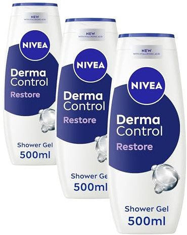 NIVEA Derma Control Restore Shower Gel 500ml, Moisturising Body Wash with Hyaluronic Acid and Vitamin E, Ideal for Sensitive Skin, Hypoallergenic Fragrance (Pack of 3)