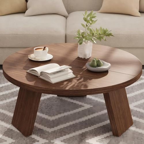 Garvee Moderner runder Couchtisch im Landhausstil aus Holz – Stabile Konstruktion mit 3 Beinen – Einfache Montage – 85 x 40 cm – 135 Walnuss-Finish Prägung