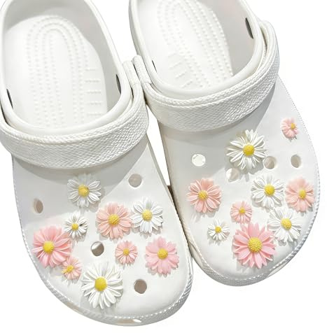 Fleur Charms Crocs,18pcs Charms de Chaussures Mignonnes de Margarite pour Clogs Accessoires de Décoration de Chaussures pour Femmes ﻿ (Blanc et rose)
