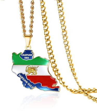VASSAGO Iran Map Necklace Stainless Steel Persia Iran Lion and Sun Crown/Faravahar/Derafsh Kaviani Pendant Persian Iranian Flag Necklace Jewelry Gifts for Women Men