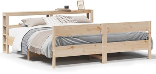 XHNIFBN Massivholzbett 180x200 Kiefer Kernbuche Kiefernholz Gestell mit Kopfteil und Regalböden Robustes Doppelbett Lattenrost für Jugendzimmer Schlafzimmer und Gästezimmer