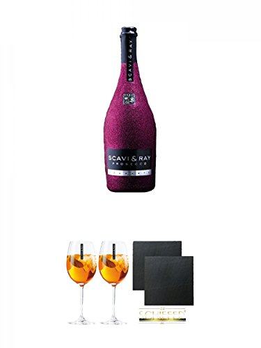 Scavi & Ray Prosecco Spumante GLITZER - PINK - EDITION 0,75 Liter + Scavi & Ray Prosecco Sprizzione (kein Grünstich) Glas 2 Stück + Schiefer Glasuntersetzer eckig ca. 9,5 cm Ø 2 Stück