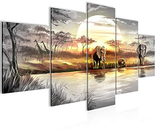Runa Art Bild Wohnzimmer Schlafzimmer Afrika Elefant 5 Teilig Landschaft Grau Gelb Wandbilder auf Vlies Leinwand 000753a