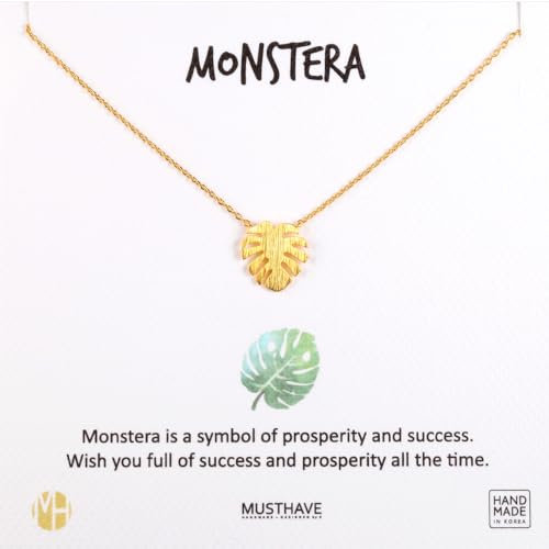 MUSTHAVE Monstera Leaf 18K Gold Plated Necklace with Message Card, Yellow and White Color, Anchor Chain, Best Gift Necklace, Monstera Leaf Pendant, Gift Card Yellow Gold