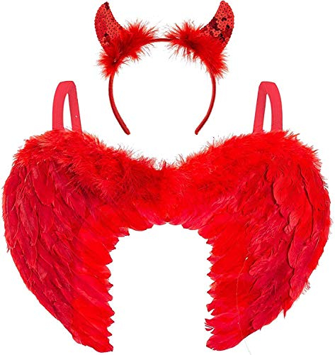 Ailes d'ange rouges et cornes de diable à paillettes - Serre-tête ailes et cornes rouges - Costume d'Halloween ou de carnaval pour enfants ou adultes