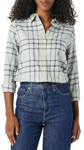 Amazon Essentials Chemise en Flanelle à Carreaux Légère, Manches Longues, Coupe Classique Femme, Noir Gris Écossais, M