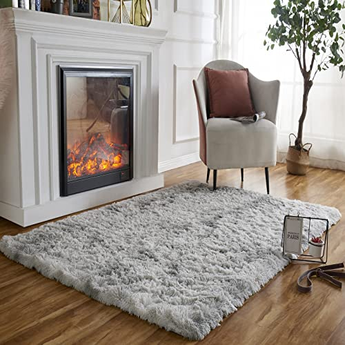 Obundi Anti-Rutsch Hochflor-Teppich,Tie-Dye Weicher Teppich Wohnzimmer Flauschig Waschbarer Teppiche (Hellgrau,160x230cm)
