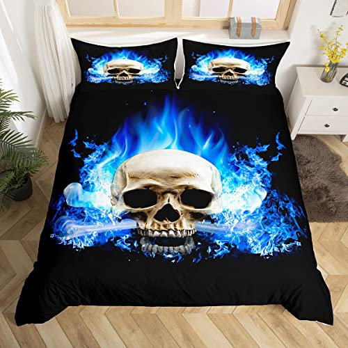 Totenkopf Bettbezug Set 155x220cm Totenkopf Muster Bettwäsche Set Digitaldruck Knochen Skelett Bettbezug Set mit 1 Kissenbezügen, Gothic Mikrofaser Reißverschluss Blaue Flamme Druck Bettwäsche