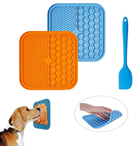 Koomiao Leckmatte Hund,Schleckmatte Hund mit Super Starke Saugkraft,Hunde Leckmatte mit 1 Silikon Spatel, für Haustier-Baden,Pflege,Ausbildung (Blau+Orange)
