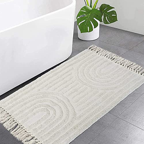 LEEVAN Boho-Badezimmerteppiche, 60x90 cm, handgefertigt, Küchenteppich, waschbar, beige, Badematte mit Quasten, böhmischer Küchenläufer, Teppich, Bauernhaus, Baumwolle, Akzent, gewebter Überwurf