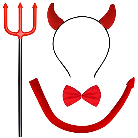 baotongle 4 Teufelshörner Kostüm Set Teufel Hörner haarreif Fliege Teufelsschwanz und Dreizack Devil Kostüm für Damen Karneval Cosplay Maskerade Halloween