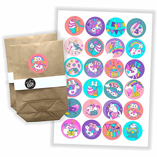 Watt n KRAM Adventskalender Einhorn Aufkleber Papiertüten-Set zum selbst befüllen - 24 Sticker/inkl. Tüten
