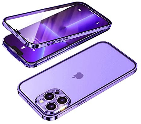 GOOVEN Schnallen-Installation iPhone 14 Pro Hülle 360° Vollaluminium Bumper mit Schloss gehärtetes Glas stoßfest durchscheinend Rückwand doppelseitiger Schutz (lila)