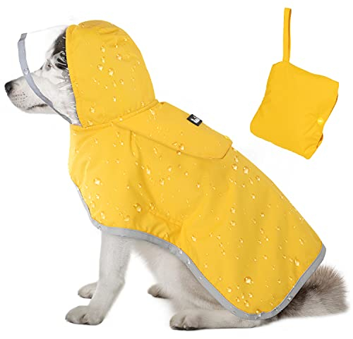 SlowTon Regenmantel Hund wasserdicht, durchsichtige doppellagige Regenjacke Hund mit Kapuze für kleine, mittlere und große Hunde, Hunderegenmantel mit reflektierendem Streifen und Aufbewahrungstasche