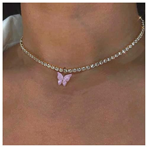 Allereya Vintage Strass Tennis Catena Collana Cristallo Farfalla Ciondolo Collana Argento Taglio Rotondo Tennis Collana Rosa Farfalla Girocollo Gioielli per Le Donne E Le Ragazze (Farfalla Rosa)