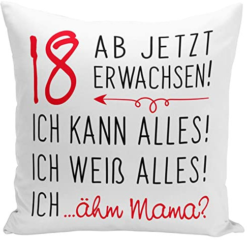 Tassenbrennerei Kissen mit Spruch 18 ab jetzt erwachsen - Geburtstagskissen zum Geburtstag für Mädchen & Jungen zur Volljährigkeit - Deko lustig (Rot)