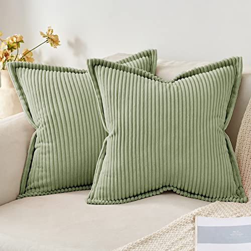 MIULEE Kordsamt Kissenbezug Weiche Kissenhülle Dekorative Sofakissen Quadratische Dekokissen Moderne Zierkissenbezug Gestreifte Kissenbezüge für Wohnzimmer Schlafzimmer 2 Stück 50x50 cm, Bohnengrün