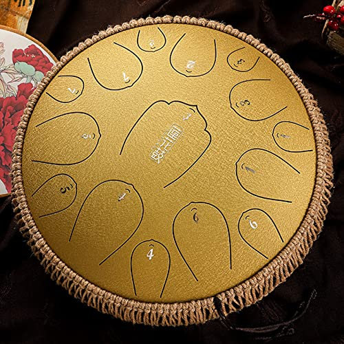Stahl Zunge Trommel, 15 Noten Zunge Trommel, 14 Zoll Handpan Drum Percussion Steel Drum Instrument, Heilung Trommel Mit Drumsticks, Ton Aufkleber Und Tragbare Reisetasche, D-Dur,Gold