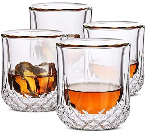 Decantador de whisky Vasos de whisky Doble pared, Copas de cóctel, Vasos, Vasos antiguos, Vasos de roca, Vasos de cristal, Vasos de vodka, Vasos para beber, Regalos, Juego de 4 decantadores de licor