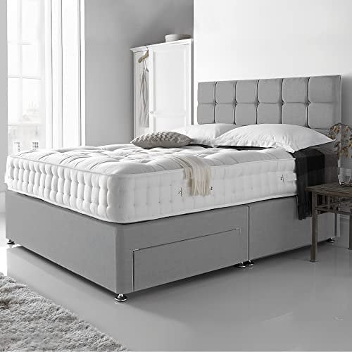 DBZ BEDS Reinforced Double Bed Set 4 FT 6 with 2000 Series Mattress - Grey Plush Velvet Divan Beds Set with Various Storage Options – 26 Inch Headboard with Chrome Glider Feet (Double)