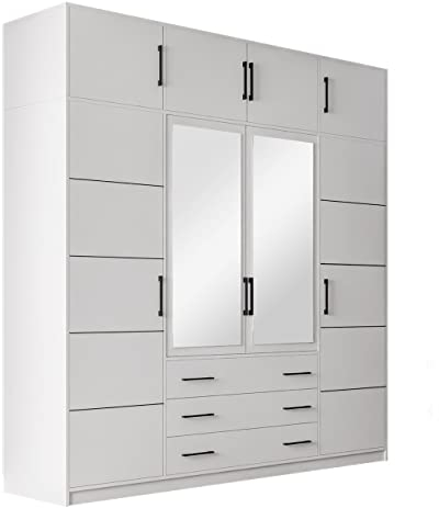 Mirjan24 Drehtürenschrank + Schrankaufsatz Bado 240, Kleiderschrank mit Spiegel, 10 Fächer, 3 Schubladen, 8 Tür, Spiegel, Elegantes Schlafzimmer Schrank, Jugendzimmer (Weiß)