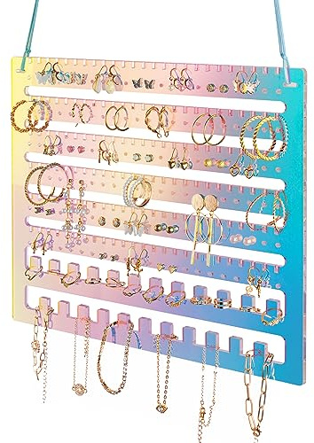 NiHome Schillernder Acryl-Hängeohrring-Organizer, Wandhalterung, Schmuck-Organizer, Wand-Ohrringhalter mit 132 Ohrringlöchern, 150 Schlitzen, 23 Halskettenhaken für Ohrstecker, Ohrringe, Armbänder,