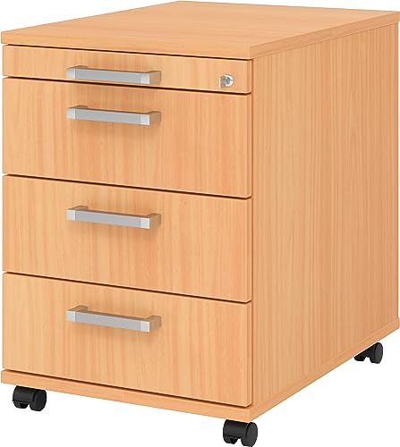 bümö Rollcontainer mit Schubladen, Container abschließbar aus Holz in Buche - Rollwagen für's Büro als Schreibtisch Unterschrank, Bürocontainer od. Schreibtischcontainer mit Chromgriffe