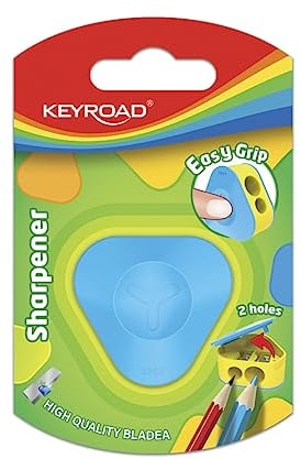 KEYROAD Ergonomischer Doppel-Anspitzer Dreieckiger mit Behälter/ 1 Stück/aus Kunststoff/Klingen aus Stahl/von Bleistiften und Buntstiften/Blister - Mischfarben