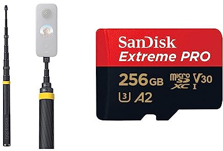 Insta360 3m 9.8ft Extended Edition Selfie Stick for ONE RS, ONE X2 & X3 Action Camera & SanDisk 256GB Extreme PRO microSDXC card + SD adapter + RescuePRO Deluxe, up to 200MB/s