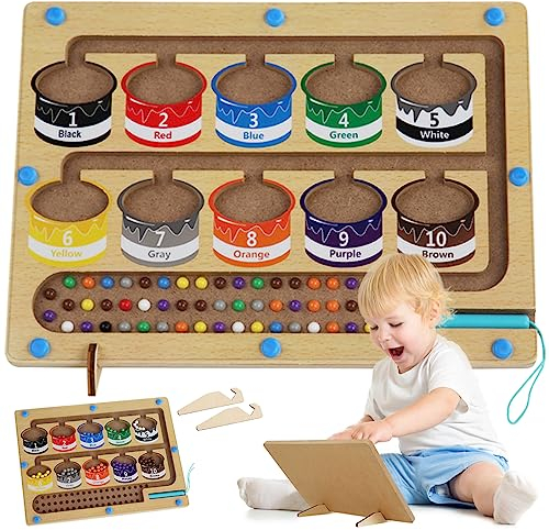 Airener Magnetic Color Sorting Board, Montessori Wooden and Number Maze Magnet Puzzle Game Bead Fun Counting Matching Games Toy for Toddlers Gift (A) (2055)