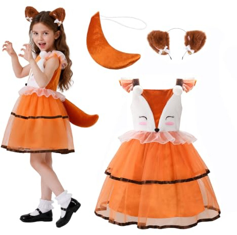 ReliBeauty Fuchs Kostüm Kinder Mädchen Tier Kleid mit Schwanz Haarreif