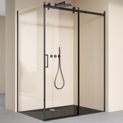 doporro Duschkabine mit Schiebetür 90x140x195cm mit schwarzer Duschtasse | 8mm ESG-Sicherheitsglas Klarglas inkl.Nano-Beschichtung | Rechts-oder Linkseinstieg | Aluminiumrahmen in Schwarz | Ravenna19K