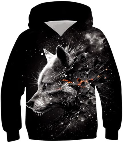 TUONROAD Kinder Jungen Hoodie Pullover 3D Wolf Gedruckt Kapuzenpullover Sweatshirt Pulli Lässige Langarm Kapuzenpulli mit Taschen Schwarz 6-7 Jahre